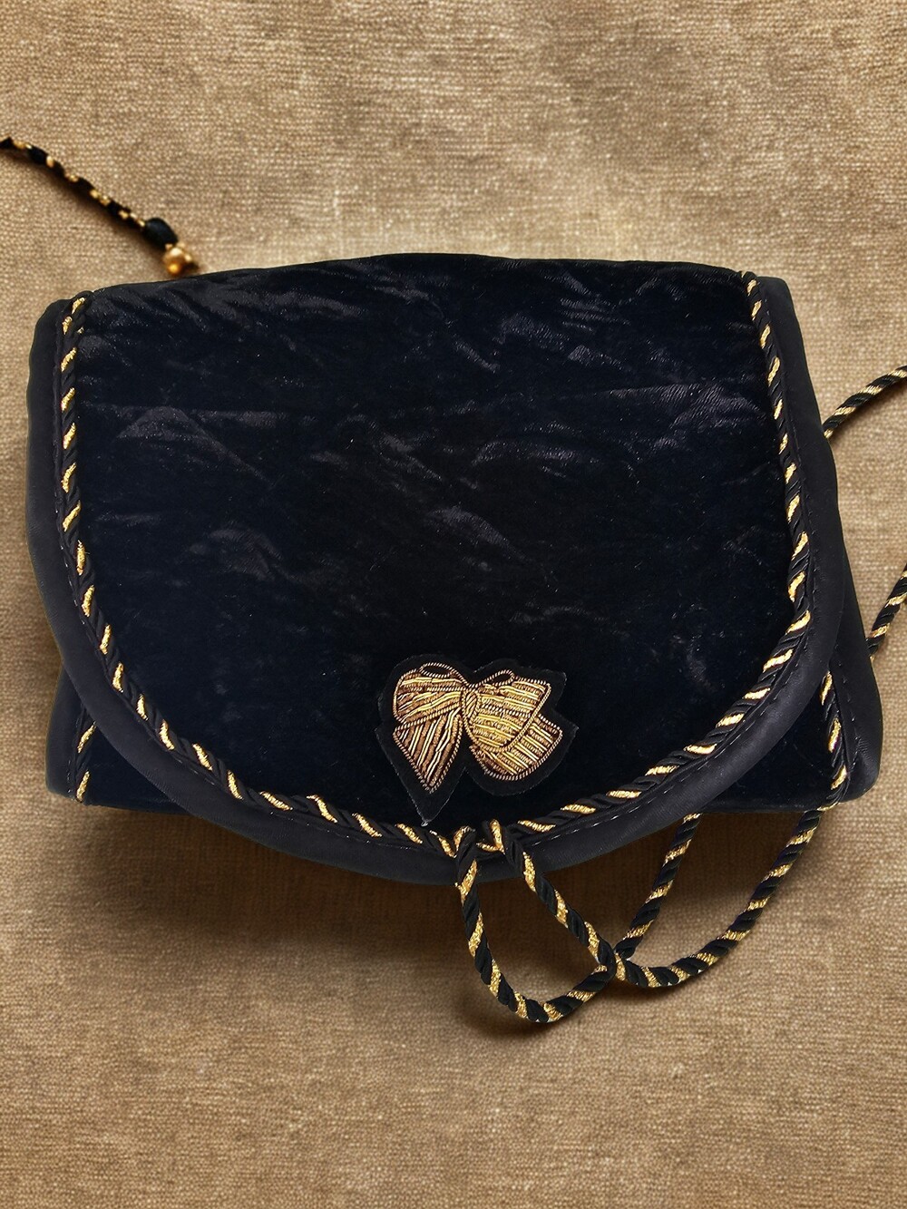 Secret Garden Vintage Black Velvet Pouch With Gold Cord Trim & Bow Accent Bag
